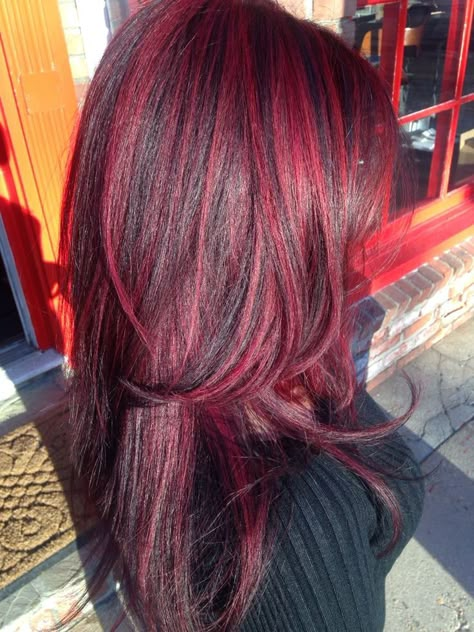 Dark Red With Bright Red Highlights, Red Highlights Red Hair, Cherry Red Hair Highlights On Black Hair, Red Hair With Darker Highlights, Black Highlights On Red Hair, Dark Red Hair Bright Red Highlights, Red Hair With Lighter Red Highlights, Hair Highlights For Red Hair, Dark Red With Red Highlights