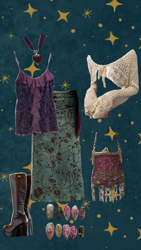 #whimsigoth #oufitinspo Earthy Alternative Aesthetic, Witchy Fits Aesthetic, Siren Outfit Casual, Jewel Tone Aesthetic Outfits, Purple Witch Outfit Aesthetic, Whimsigothic Summer Outfits, Whimsy Goth Fall Outfits, Jewel Tone Clothes Aesthetic, Whimsigoth Skirt Outfit