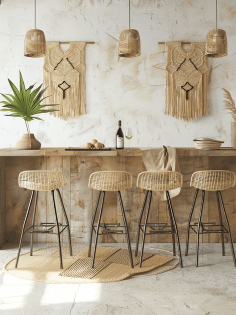 Boho-Style Kitchen Bar: Rattan Stools & Macramé Wall Hangings Boho Bar Stools, Boho Style Apartment, Boho Restaurant, Modern Boho Kitchen, Beach Restaurant Design, Boho Style Kitchen, Boho Bar, Rattan Stool, Boho Chair