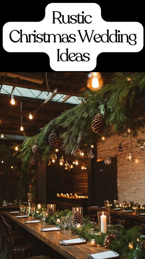 Rustic Christmas wedding decor with natural elements like pine cones, greenery, and candlelit tables. Wedding Decor Winter Theme, Fir Wedding Decorations, Winter Rustic Wedding Decor, Rustic Winter Wedding Table Decor, Rustic Winter Wedding Centerpieces, Pine Tree Wedding Decor, Rustic Christmas Wedding Ideas, Western Christmas Wedding, Pine Wedding Decor