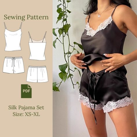 Womens Pajama Sewing Pattern, Sleep Set Sewing Pattern, Two Piece Outfit Sewing Pattern, Sewing Pajama Set, Sewing Matching Set, Sewing Patterns Gifts, Silk Sewing Projects, Mini Dress Sewing Pattern Free, Pajama Set Sewing Pattern