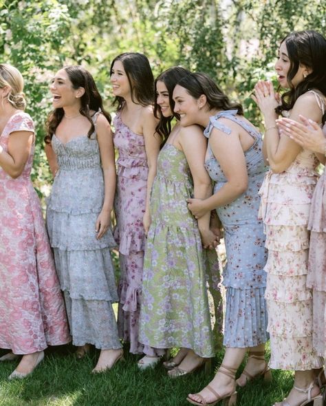 Garden Dress Wedding Guest, Floral Bridesmaids Dresses Mismatched, France Moodboard, Floral Bridesmaid Dresses Mismatched, Floral Bridal Party, Pink And Orange Wedding, Attire Guide, Santa Ynez Wedding, Garden Party Outfit