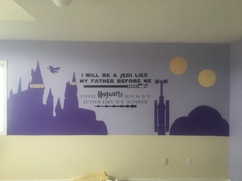 Harry Potter and Star Wars theme Nursery Harry Potter Star Wars Nursery, Harry Potter And Star Wars Nursery, Nursery Harry Potter, Star Wars Baby Nursery, Harry Potter Baby Nursery, Baby Boy Nursery Stars, Star Wars Baby Room, Star Wars Mural, Galaxy Nursery