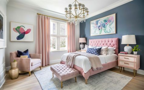 Girl Bedroom Color Schemes, Navy And Pink Bedroom, Bedroom Paint Color Ideas, Bedroom Color Scheme Ideas, Bedroom Paint Color, Light Pink Bedrooms, Blue And Pink Bedroom, Blush Bedding, Best Bedroom Paint Colors