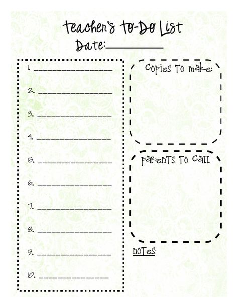 Teacher's To-Do List Date:___________ 1. _________________ 2. ________________ 3. ________________ 4. ________________ 5. ________________ 6. ________________ 7. ________________ 8. ________________ 9. ________________ 10. _______________  Copies to Make:  Parents to Call  Notes: Teacher Boards, To Do, Read Online For Free, To Do List, Free Download, For Free, Parenting, Quick Saves