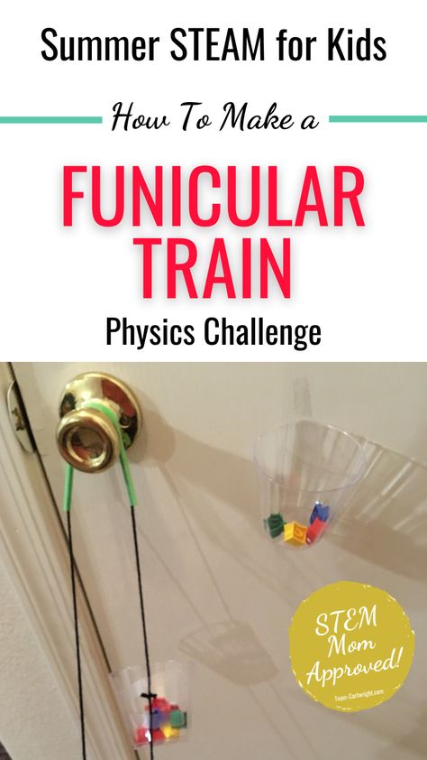 Text: Summer STEAM for Kids How To Make a Funicular Train Physics Challenge. Picture: Doorknob pulley system made from straws, yarn, and plastic cups bring up a cup of Lego to another cup of lego. Badge: STEM Mom Approved Pulley System For Kids, Homeschooling Science, Diorama Kids, Steam Classroom, Kids Stem Activities, Science Experiment For Kids, Summer Stem, Simple Machine, Diy Preschool