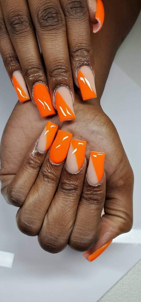 Orange White And Gold Nails, Milky White And Orange Nails, Orange N White Nails, Yellow Orange And White Nails, Orange Outline Nails, Orange And White Nails, Nail Designs Almond, Acrylic Nails Yellow, Wide Nails