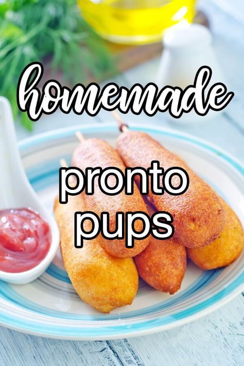 Pronto Pups - You might be wondering what the difference is between corn dogs and pronto pups. Corn dogs, like their name implies, contain more cornmeal than flour in their batter. Pronto pups on the other hand contain more flour than cornmeal (and often times without any cornmeal) which gives them a lighter batter. | CDKitchen.com Pronto Pup Batter Recipe, Pronto Pups Recipe, Pronto Pups, Pronto Pup, Hot Dog On A Stick, Batter Recipe, Corn Dogs, Elegant Dinner, On A Stick