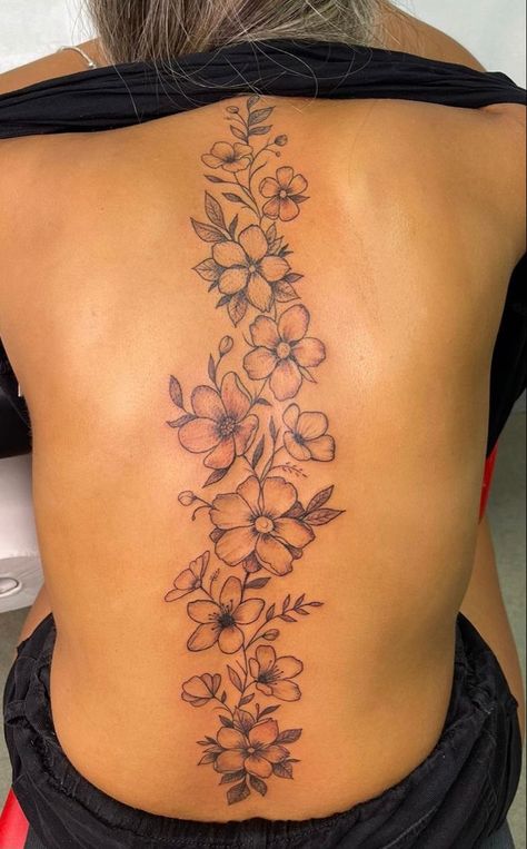 Bar Tattoo, Feminine Back Tattoos, Floral Back Tattoos, Flower Spine Tattoos, Spine Tattoo Ideas, Tato Minimal, Tattoos For Women Flowers, Small Pretty Tattoos, Petite Tattoos