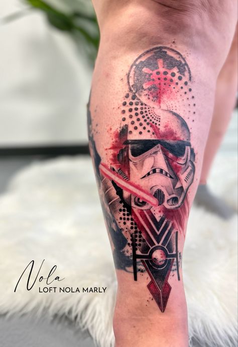 Amazing piece added to my Star Wars leg project on my beautiful client Gen! Love the balance of the design ! Star Wars Cover Up Tattoo, Trash Polka Star Wars, Star Wars Galaxy Tattoo, Stormtrooper Tattoo, Vader Tattoo, Star Wars Tattoo Sleeve, Darth Vader Tattoo, To My Star, Tattoo Star