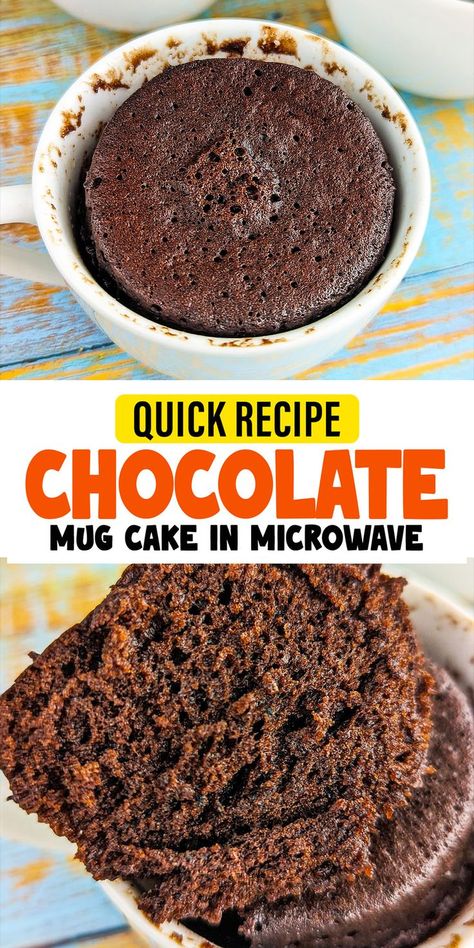 With just 5 everyday ingredients like flour, sugar, cocoa, milk and egg, you can create this luscious moist chocolate mug cake in just 60 seconds in the microwave! Moist Chocolate Mug Cake, Mug Dessert Recipes, Microwave Chocolate Cakes, Easy Microwave Recipes, Cake In A Mug, Microwave Dessert, Easy Mug Cake, Microwave Cake, Chocolate Mug Cake