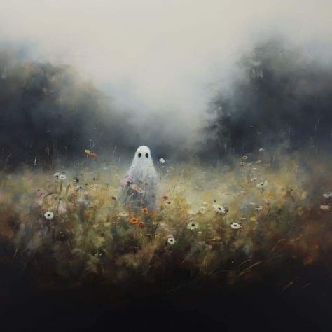 Landscape Ghost Painting, Spooky Woods Painting, Ghost Vintage Painting, Ghost Oil Painting, Sheet Ghost Painting, Ghost Painting Cute, Halloween Landscape Art, Halloween Oil Painting, Vintage Ghost Painting