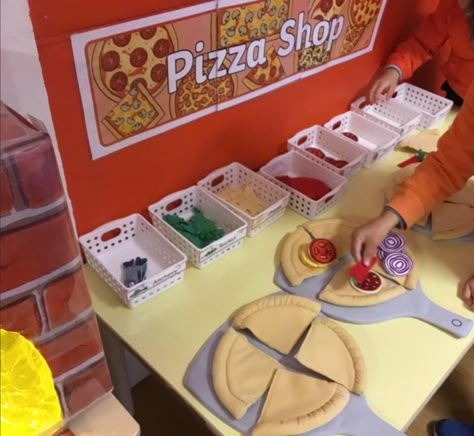 Pizza Restaurant For Dramatic Play Cooking Theme Preschool Activities Dramatic Play, Dramatic Play Centers Toddlers, Role Play Shop Ideas, Diy Kids Restaurant, Pizzeria Dramatic Play Preschool, Diy Play Pizza Oven, Diy Dramatic Play Ideas, Pizza Activities For Toddlers, Pizzeria Dramatic Play