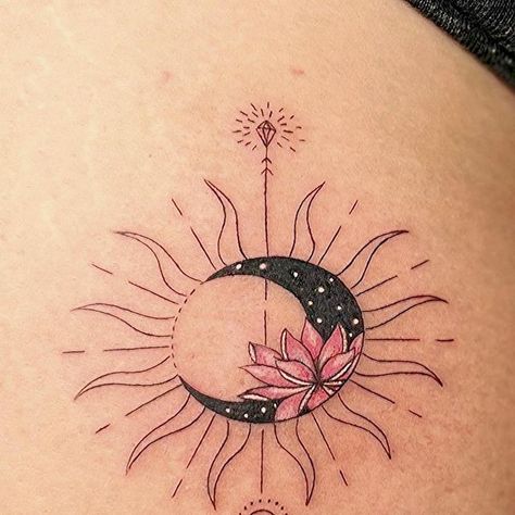 Lotus Sun Moon Tattoo, Mother Daughter Tat, Sun Moon Tattoo, Canadian Tattoo, Moon Lotus, Moon Sun Tattoo, Mother Daughters, Spiritual Tattoos, Quotes Tattoos