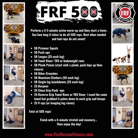 Looking for a great workout that will help you as a firefighter improve performance, burn fat and challenge your cardiovascular system?  Watch your form and rest when needed.  Give this #workoutwednesday a try.   #fitforduty #GETFRF #fitness #responders Firefighter Fitness, Fire Academy, 50 Push Ups, Firefighter Workout, Wednesday Workout, Cardiovascular System, Hip Ups, Burpees, Burn Fat