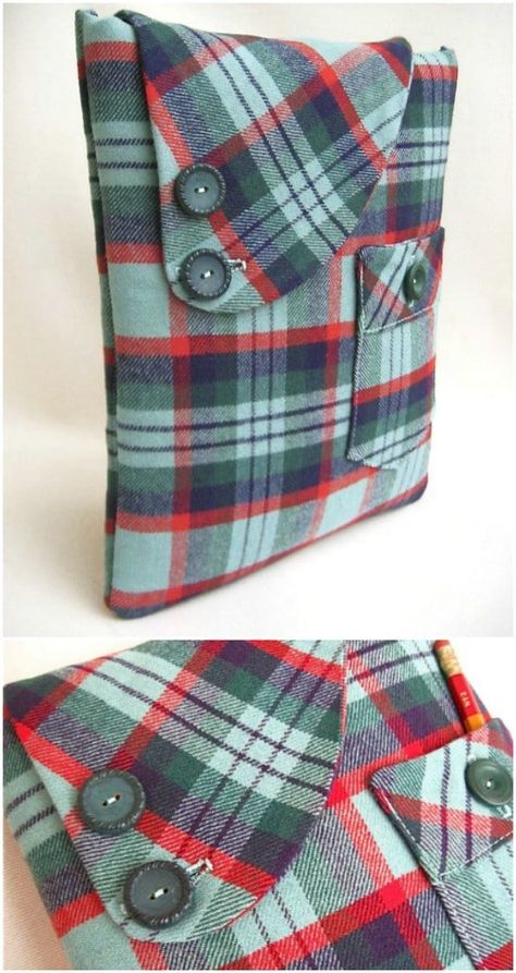 25 Creative Ways To Reuse and Repurpose Old Flannel Shirts - Easy tutorials that guide you trough shirt upcycling! Collected and curated by diyncrafts.com team! <3 Mens Shirts Repurposed, Tartan Crafts, Old Flannel, Memory Pillow From Shirt, Memory Shirts, Repurposed Clothing, Sew Ins, Memory Pillows, Flannel Shirts