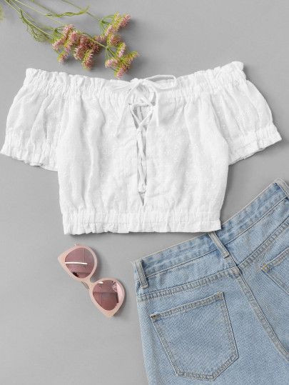 Shop Off Shoulder Frill Trim Lace Up Top online. SheIn offers Off Shoulder Frill Trim Lace Up Top & more to fit your fashionable needs. Top Azul, Lace Up Top, Mode Boho, Crop Top Outfits, Cute Crop Tops, Girls Fashion Clothes, Strapless Bra, Teen Fashion Outfits