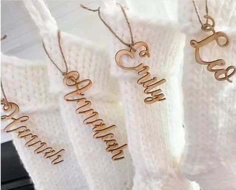 Wooden Stocking Name Tags Personalized Stocking Tag Nametag - Etsy Christmas Stocking Name Tags Pink, Wooden Christmas Tags, Wooden Stocking, Place Settings Thanksgiving, Knit Stocking, Stocking Tags, Brown Paper Packages, Knit Stockings, Decorative Ideas