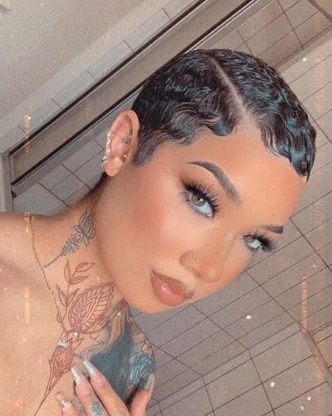 Finger Waves Short Hair, Edgy Hairstyles, Black Pixie, Short Relaxed Hairstyles, Short Hair Designs, Short Hair Waves, Short Shaved Hairstyles, Natural Hair Cuts, Natural Hair Short Cuts