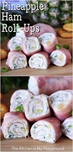 Quick & Easy Pineapple Ham Roll-Ups ~ Cream cheese laced with crushed pineapple makes for one very tasty filling in these quick & easy roll-ups. Eat them as they are as bites, or serve atop buttery crackers for one delicious savory game day and party treat. www.thekitchenismyplayground.com Ham And Pickle Roll Ups Cream Cheeses, Ham Roll Ups With Cream Cheese Pickle, Ham And Olive Roll Ups, Ham Rolls Ups, Ham Rollups Cream Cheeses, Ham Roll Ups With Cream Cheese Ranch, Ham And Pineapple Appetizers, Ham Rollups Appetizers, Pickle Ham Cream Cheese Roll Ups