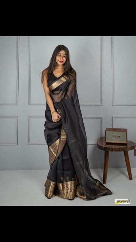 Black Banarasi Saree, Black Organza Saree, Simple Saree Designs, Indian Sari Dress, Wedding Saree Blouse, Sari Dress, Global Dress, Saree For Women, Simple Sarees