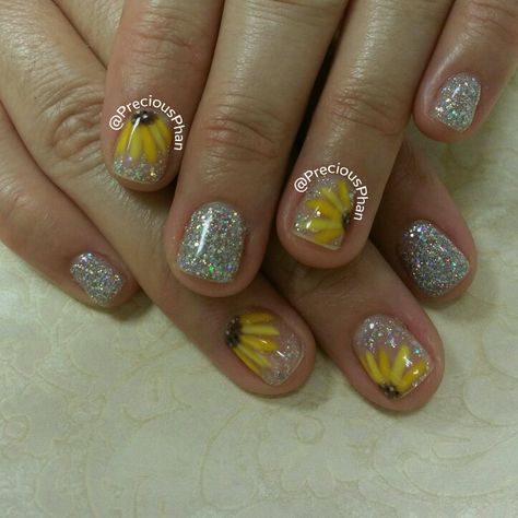 Sunflower Nails, Gray Nails, Air Brush, Sunflower Wedding, Nails Toes, Free Hand, Fall Nails, Wedding Nails, Silver Glitter