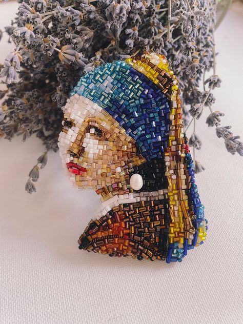 Handmade beaded brooch Famous painting Portrait made of beads Gift idea for unusual lovers Beaded Portraits, Bead Portrait, Bead Painting, Brooch Making, Tambour Embroidery, Painting Portrait, Beaded Brooch, Traditional Art, Portrait Painting