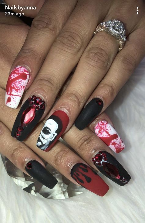 Micheal Myers Nails 2018 Micheal Myers Nails Designs, Micheal Myers’s Nails, Micheal Myers Nail, Micheal Myers Nail Designs, Michael Myers Nail Art, Halloween Nails Michael Myers, Michael Myers Nails Acrylic, October Birthday Nails, Scary Movie Nails