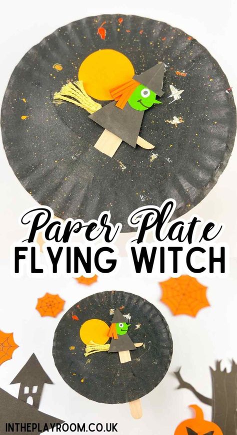 Paper Plate Flying Witch Craft Witch Craft Kindergarten, Shape Witch Craft, Witch Art And Crafts For Kids, Paper Plate Witch Craft, Witch Crafts For Kids, Senior Infants, Beaver Scouts, Halloween Activities Preschool, Halloween Stem