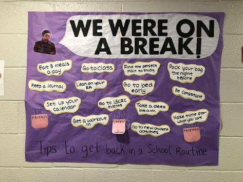 Break poster Breakroom Bulletin Board Ideas, Break Room Bulletin Board Ideas, Room Bulletin Board Ideas, Ra Program Ideas, Room Bulletin Board, Ra Programming, Hall Decorations, Ra Bulletins, Office Break Room