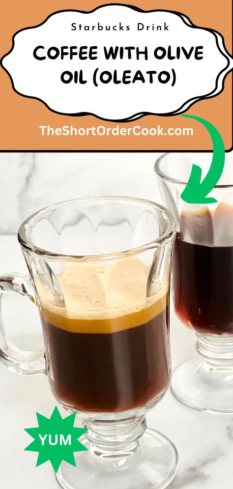 Two glasses of coffee. Starbucks Oleato Recipe, Starbucks Oleato Drink, Olive Oil Coffee, Happy Hour Food, Infused Coffee, Coffee Hacks, Olive Oil Recipes, Coffee Benefits, Starbucks Coffee Drinks