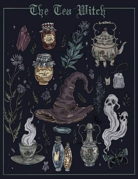 Tea Witch, Witch Drawing, Sticker Making, Witch Room, W.i.t.c.h Aesthetic, Line Artwork, Occult Art, Season Of The Witch, Witch Aesthetic