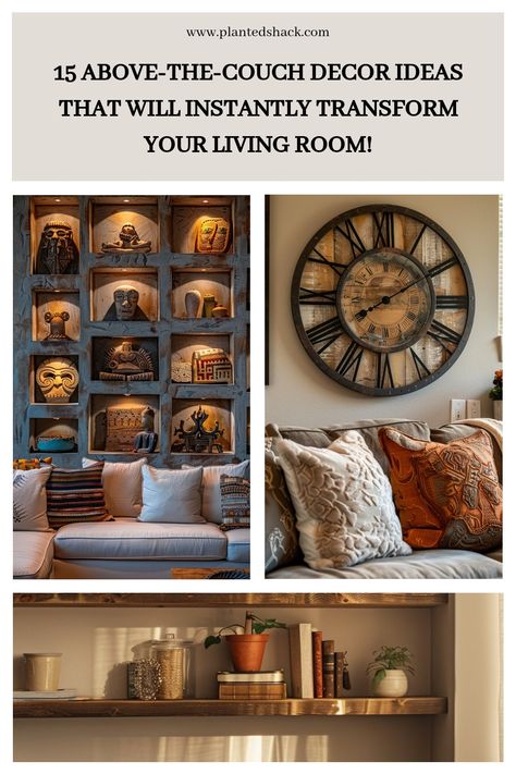 Elevate your living room style with these 15 creative above-the-couch decor ideas! 🖼️ From gallery walls to statement art, find the perfect way to fill that blank space. #LivingRoomDecor #AboveTheCouch #HomeInspo Diy Above Couch Wall Decor, Above Couch Ideas Living Rooms, Above The Couch Decor, Couch Decor Ideas, Decor Over Couch, Wall Behind Couch, Couch Wall Decor, Above The Couch, Dark Boho Living Room