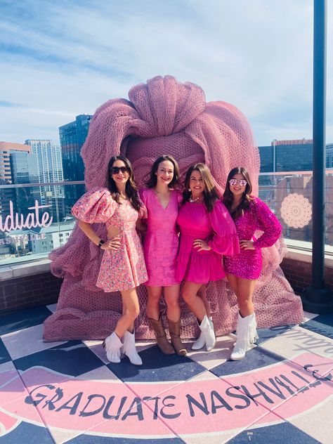 Nashville Bachelorette Pink Outfits, Pink Winery Outfit, Bachelorette Party Pink Outfits, All Pink Nashville Outfit, Pink Country Concert Outfit, Pink Nashville Outfit, Nashville Birthday Outfit, White Limousine, Nashville Weekend