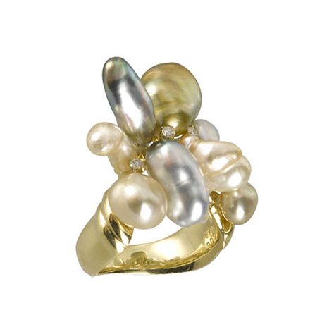 Fresh pearl creations by Yvel. An assortment of multicolored free-shape Keshi pearls accented with sparkling diamonds (.08 ctw) adorn this 18k yellow gold ring. Pearl Diamond Ring, Jewelry Pearls, Pearl Rings, Tahitian Black Pearls, Pearl And Diamond Ring, Jewelry Pearl, Gem Ring, 18k Yellow Gold Ring, Keshi Pearls