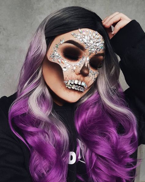 #glitterskull #glam #makeup #glammakeup #skull #makeupaddict #motd #makeupoftheday #morphe #halloweenmakeup #alternativegirl #morphebabe #urbandecay #autumn #borntorun #kvdbeauty #purplehair #smokeyeye #glittermakeup #nyxcosmetics #nyxcosmeticsnordics #alternative #katvond #glitter #glittermakeup #halloweenmakeup #halloween Day Of Dead Costume, Halloween Skeleton Makeup, Spirit Halloween Coupon, Diamond Skull, Skeleton Makeup, Sugar Skull Makeup, Amazing Halloween Makeup, Skull Makeup, Glam Hair