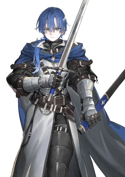 Knight Anime Character Design, Anime Knight Art, Dnd Character Design Inspiration, Knight Character Design, Knight Anime, Blue Knight, Anime Knight, Rwby Anime, Female Knight