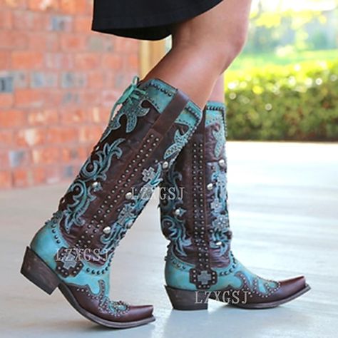 Trajes Country, Botas Western, Knee High Boots Winter, Womens Low Heels, Cowgirl Boot, Oversize Women, Cowboy Boots Women, Thick Heel, Western Cowboy Boots