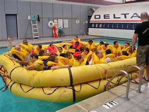 help..help!!!  drills  away better keep that 90% grade ...or you will sink ...for sure!! Flight Attendant Course, Flight Attendant Training, Life Raft, Water Survival, Emirates Cabin Crew, Delta Flight, Life Goals Future, Vintage Airline, Flight Attendant Life