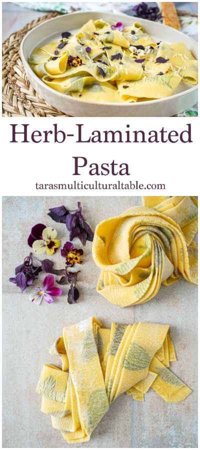 Herb-Laminated Pasta in a bowl and in two piles next to purple basil and violas. Laminated Pasta, Herb Pasta, Pasta Drying Rack, Pasta Fresh, Filled Pasta, Easy Main Dishes, Gnocchi Recipes, Pasta Lover, Star Food