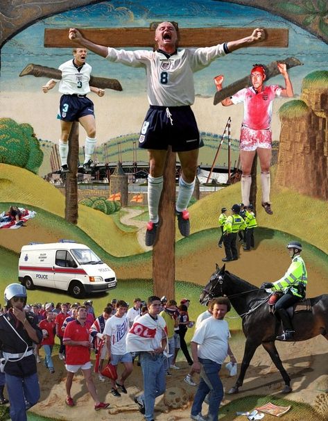 Crucifixtion of Gazza by Corbin Shaw Corbin Shaw, Lad Culture, Association Football, Basketball Court, Baseball Cards, Football, Baseball, Art, American Football