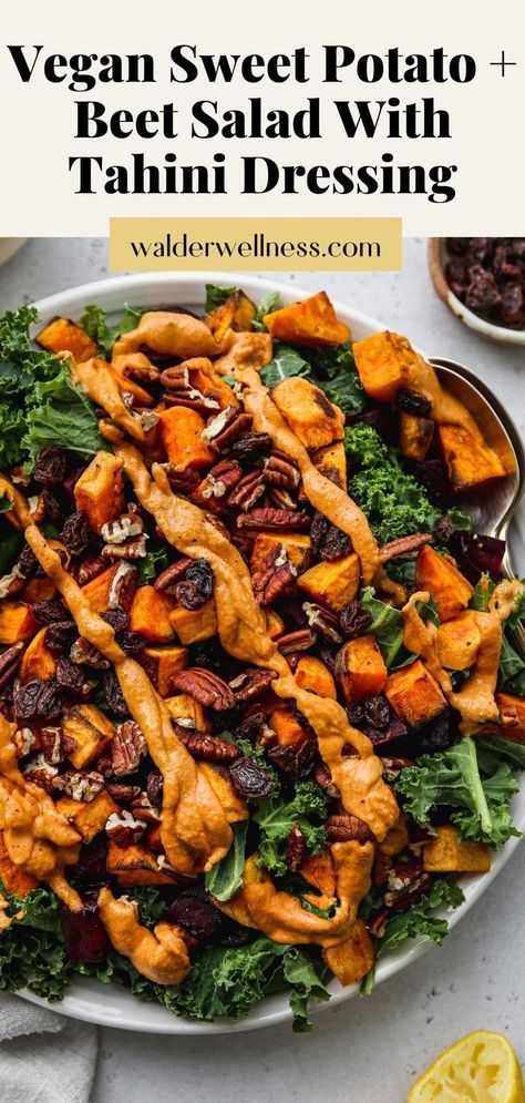 This vegan roasted sweet potato salad is made with kale, beets, and a smoked paprika-tahini dressing. It’s super hearty, nourishing, and easy to make. Can be enjoyed warm or cold. Sweet Potato Salad Cold, Roasted Beets And Sweet Potatoes, Vegan Roasted Sweet Potato, Kale Sweet Potato Salad, Roasted Sweet Potato Salad, Sweet Potato Salad Recipe, Winter Salad Recipes, Sweet Potato Salad, Sweet Potato Kale