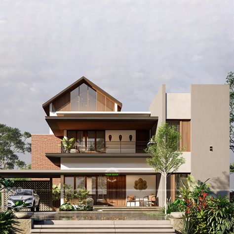 Modern Tropical Home Design - Symphony of Greenery and Red Stone Modern Tropical Exterior Design, Modern Tropical Exterior, Modern Tropical House Exterior, Tropical Contemporary House, Tropical House Exterior, Tropical Home Design, Modern Tropical Home, Modern Tropical House, Tropical House Design