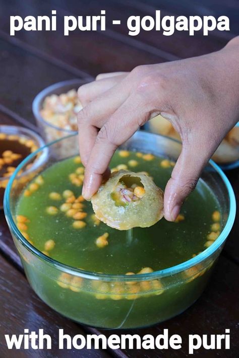 pani puri recipe | golgappa | puchka recipe | pani poori recipe with step by step photo and video recipe. indian street food recipes are world famous because of the taste, flavour and combination of spices. most of them are either made with ragda curry or with the combination of deep fried snacks in a chaat chutney. but there are some other unique water based street food recipes and pani puri recipe or golgappa is one such popular street food snack. Puchka Recipe, Pani Poori, पानी पूरी, Poori Recipe, Pani Puri Recipe, Puri Recipe, Puri Recipes, Spicy Snacks Recipes, Decorações Com Comidas