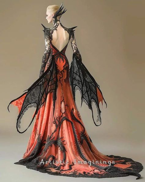 Fantasy Dragon Outfit, Fancy Fantasy Outfits, Dragon Queen Outfit, Fantasy Fashion Inspiration, Dragon Outfit Aesthetic, Dragon Inspired Dress, Dragon Wedding Dress, Dark Fantasy Outfits, Dragon Inspired Outfits