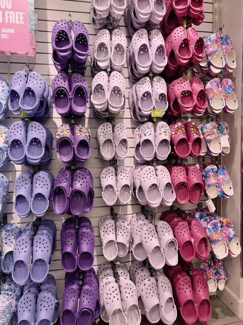 Crocs Aesthetic Purple Lavender Crocs Aesthetic, Light Purple Crocs Outfit, Pink Croc Aesthetic, Purple Croc Charms, Light Pink Crocs Aesthetic, Purple Crocs Aesthetic, Purple Crocs With Jibbitz, Purple Crocs Outfit, Pink Crocs Aesthetic