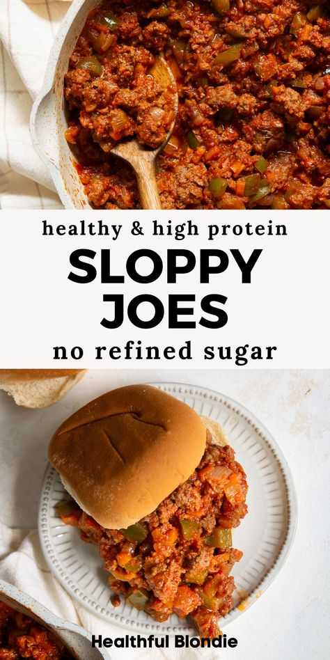 This secretly healthy sloppy joes recipe uses lean ground beef, lots of veggies, and no added refined sugar. It's packed with protein, super saucy and filling, and ready in under 30 minutes — a great option for a quick weeknight dinner or meal prep! Kid, picky eaters, and families love these homemade sloppy joes! Healthy Lean Meat Dinner Recipes, Crockpot Sloppy Joes Healthy, Sloppy Joes Recipe Healthy, Sloppy Joe Recipe Turkey Meat, Ground Beef Healthy Dinner Recipes, Easy Healthy Dinner Recipes Beef, Healthier Sloppy Joe Recipe, Healthy Sloppy Joe Sauce, Low Sugar Sloppy Joe Recipe