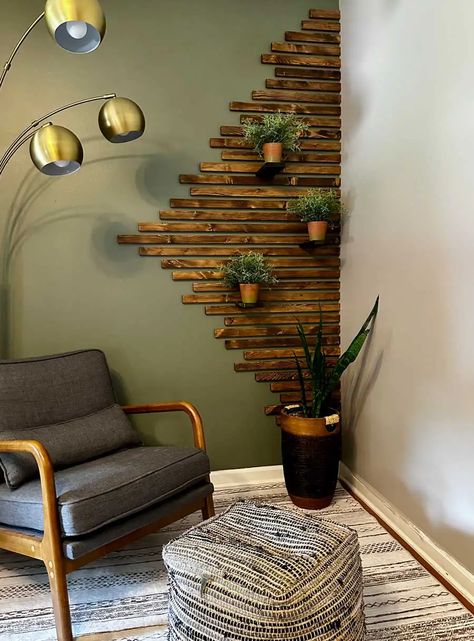 Corner Slat Wall, Diy Slat Wall, Chop Saw, Wall Feature, Wood Slat Wall, Wood Accent Wall, Pine Boards, Chopping Block, Floating Shelves Diy