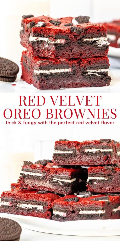 Thick and fudgy - these Oreo stuffed red velvet brownies have the perfect red velvet flavor with tons of cookies #redvelvet #oreoredvelvet #oreobrownies from Just So Tasty https://www.justsotasty.com/oreo-stuffed-red-velvet-brownies/ Sluttier Brownies Red Velvet, Juneteenth Desserts, Red Brownies, Red Velvet Dessert Recipes, Red Velvet Oreo Truffle Brownies, Red Velvet Oreo Brownies, Classic Brownies Recipe, Beef Dinner Recipes, Red Velvet Flavor