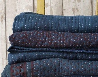 Art of living by IndianHomeTextiles on Etsy Indigo Quilt, Indigo Prints, Kantha Blanket, Kantha Quilts, Blanket Handmade, Kantha Blankets, Kantha Bedspreads, Vintage Kantha Quilts, Kantha Throw